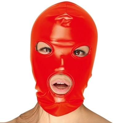 エナメル2wayストレッチ口アキ目アキ全頭拘束マスク レッド